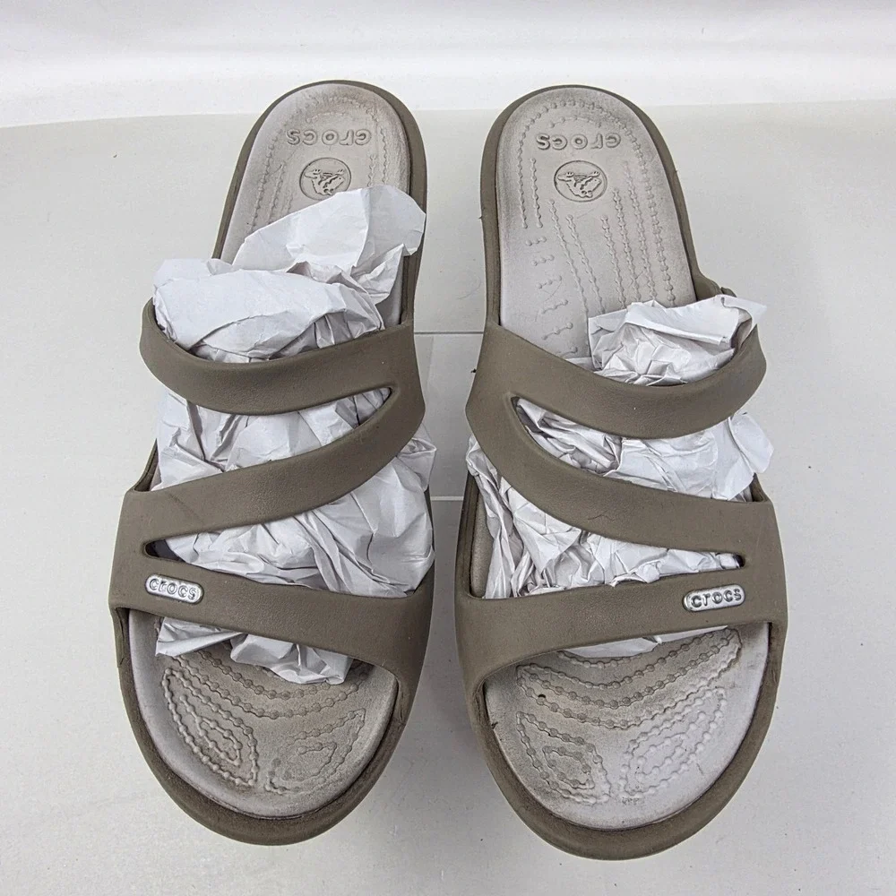Crocs Patricia Wedge Sandals Womens 11 Khaki Taupe Good Condition Slide Shoes